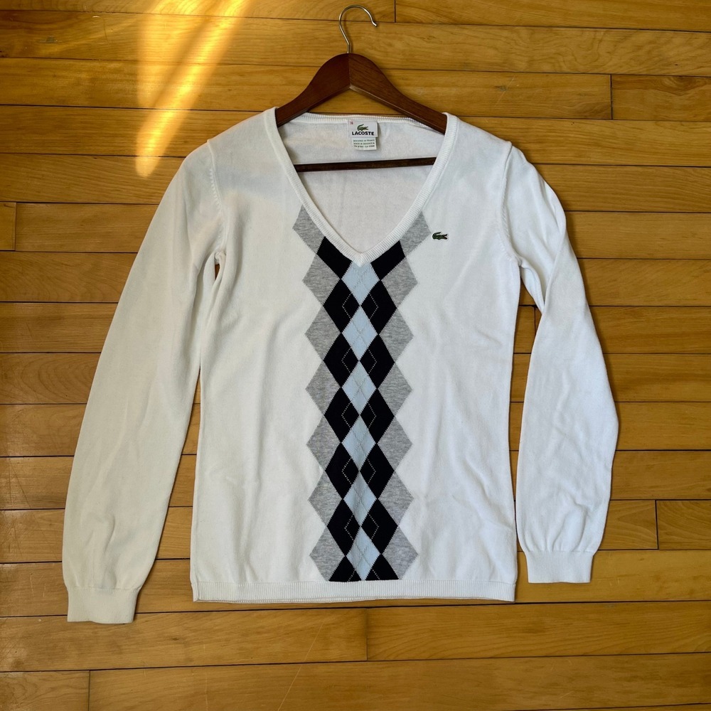 Lacoste Womens White Argyle V-Neck Cotton Knit Sweater Size 38 Logo Pullover